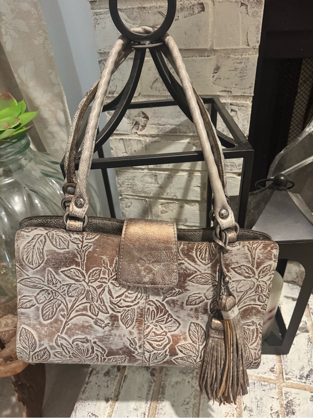 Patricia Nash Floral Embossed Leather Shoulder Bag in Brown and Metallic